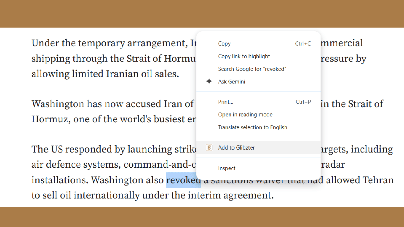 How the manual selection process works - Select + Right Click + Add | Screen grab of working of Glibzter English Vocab Magnet's Chrome Extension