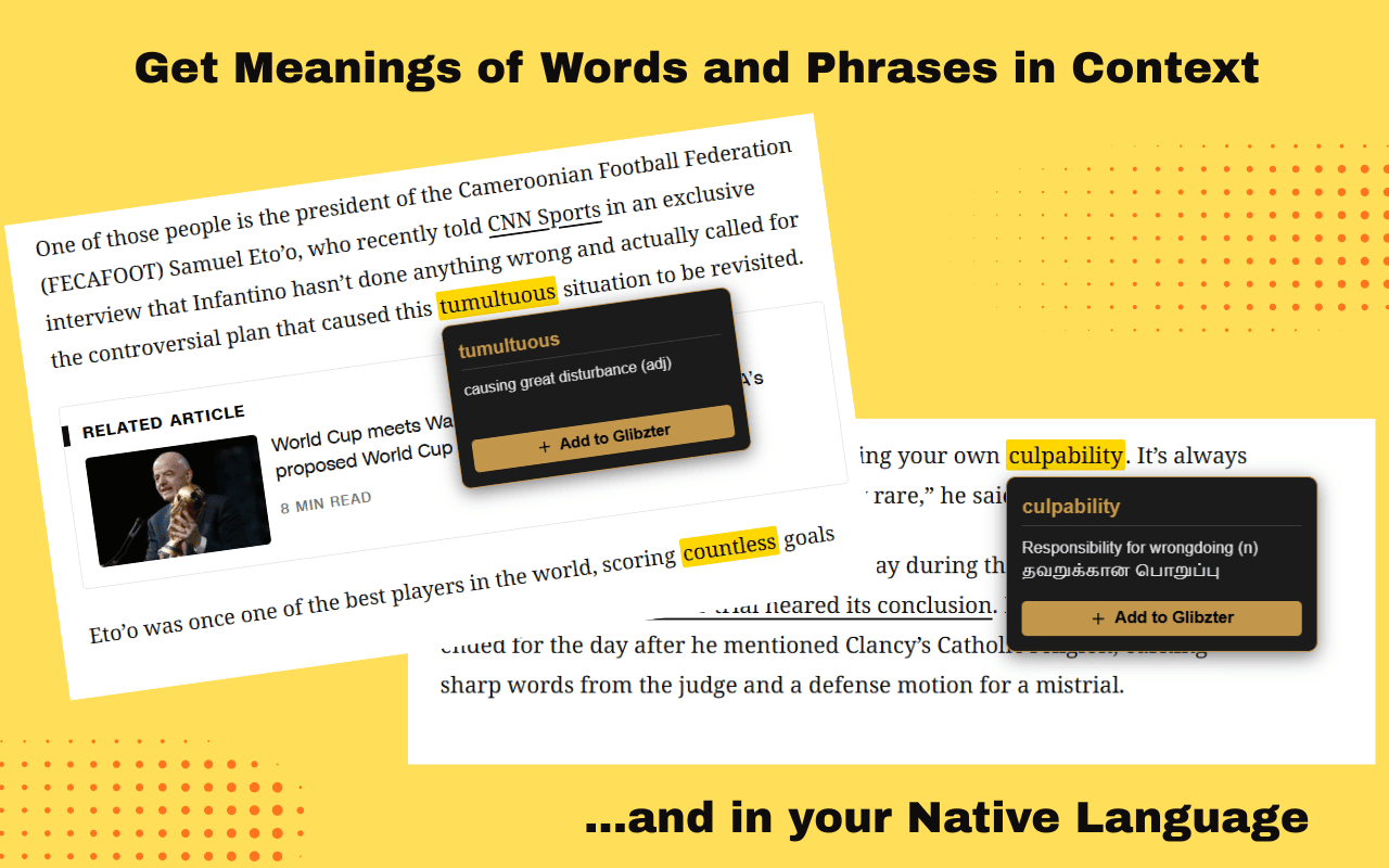Highlighted words open up a contextual usage dictionary on Glibzter
